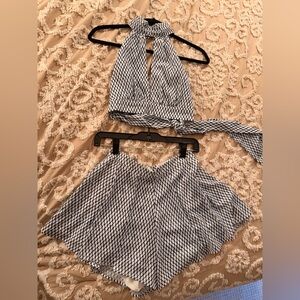 Blue and White Geometric Halter/Tie Back Top and Shorts Set